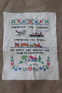 catalog photo of vintage cross-stitch embroidered sampler, motto Wander world but come home