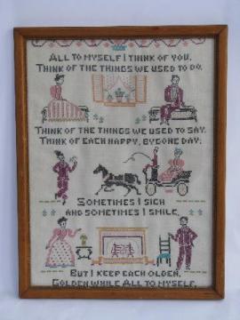 catalog photo of vintage cross-stitch embroidered sampler, these happy golden years motto