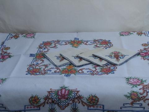 photo of vintage cross-stitch embroidered tablecloth & napkins, urns of flowers #1