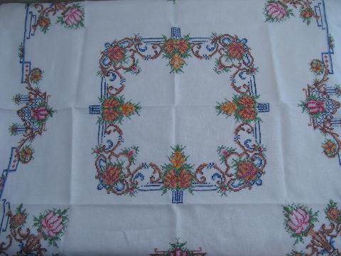 photo of vintage cross-stitch embroidered tablecloth & napkins, urns of flowers #2