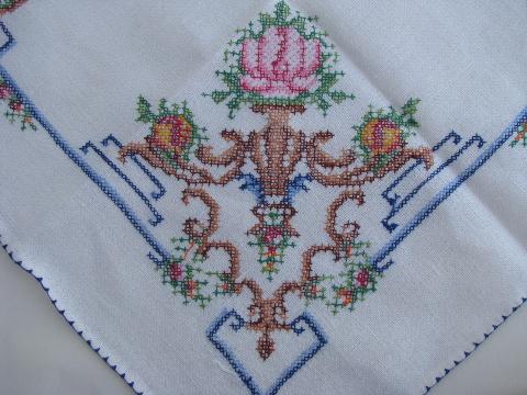 photo of vintage cross-stitch embroidered tablecloth & napkins, urns of flowers #4