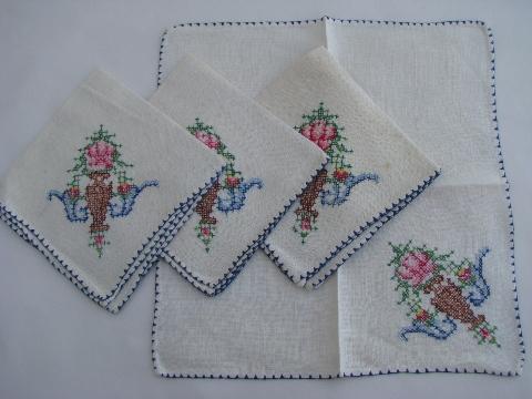 photo of vintage cross-stitch embroidered tablecloth & napkins, urns of flowers #5