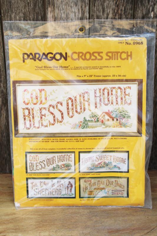 photo of vintage cross-stitch embroidery kit, God Bless Our Home stamped linen cotton floss #1