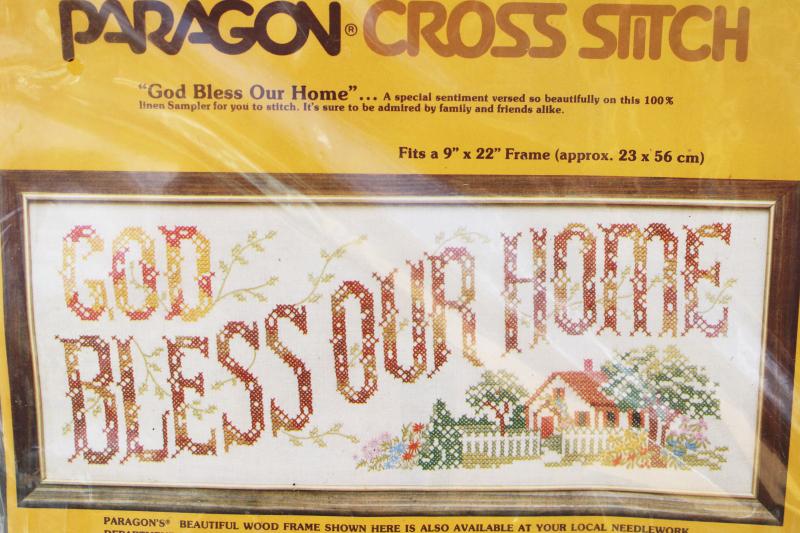 photo of vintage cross-stitch embroidery kit, God Bless Our Home stamped linen cotton floss #2