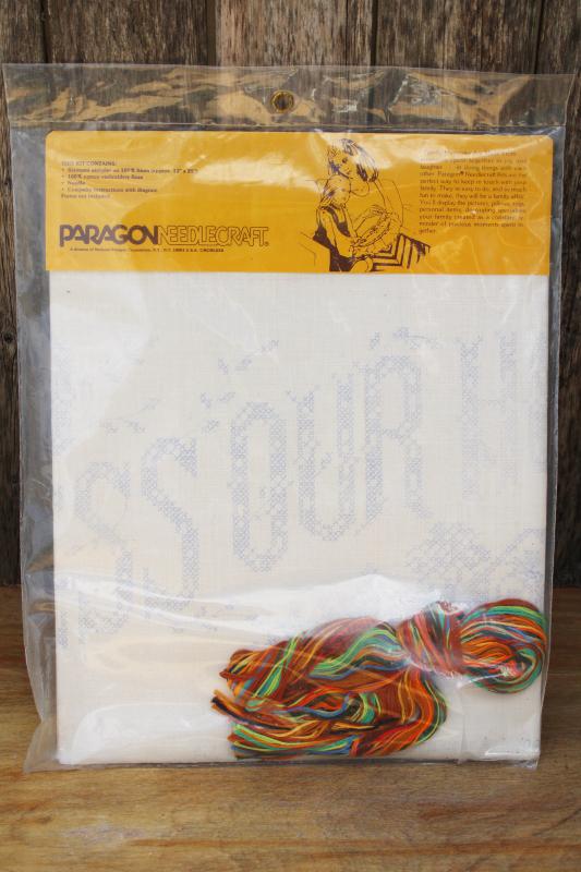 photo of vintage cross-stitch embroidery kit, God Bless Our Home stamped linen cotton floss #3