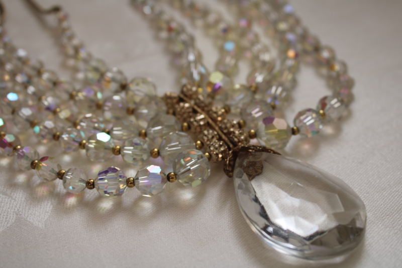 photo of vintage crystal aurora borealis glass bead bib choker faceted prisms w/ large teardrop #2