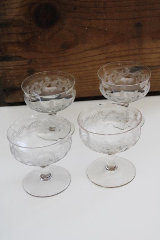 photo of vintage crystal clear Tiffin Scots thistle etched glass sherbets or champagne glasses #1