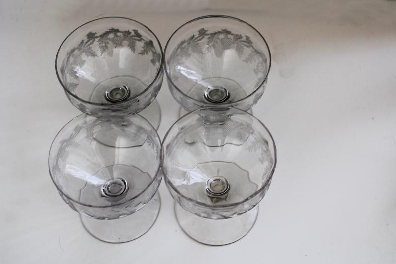 photo of vintage crystal clear Tiffin Scots thistle etched glass sherbets or champagne glasses #3