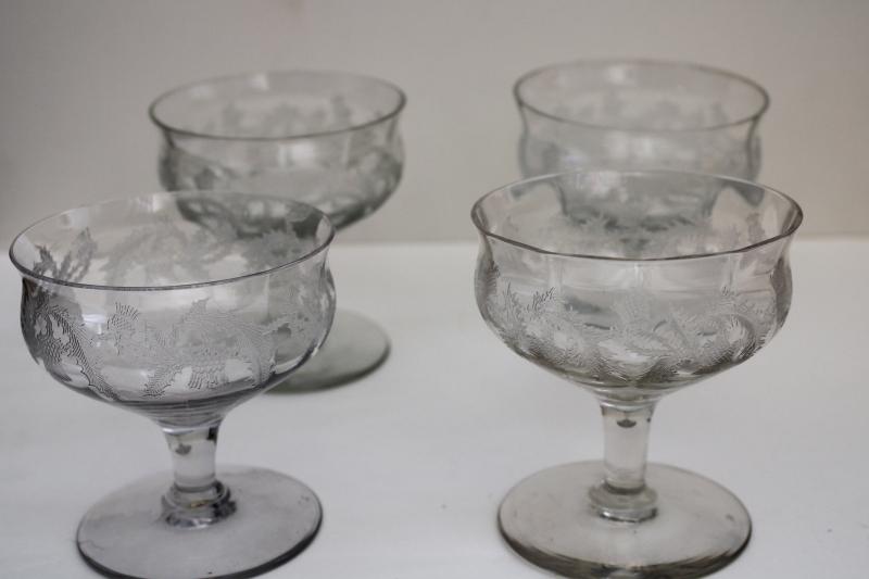 photo of vintage crystal clear Tiffin Scots thistle etched glass sherbets or champagne glasses #4