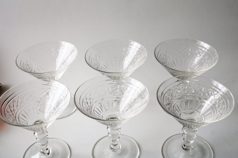 photo of vintage crystal clear cut glass cocktail glasses, crisscross band knobby stems #2