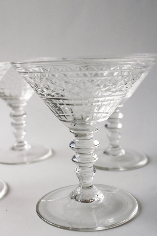 photo of vintage crystal clear cut glass cocktail glasses, crisscross band knobby stems #3