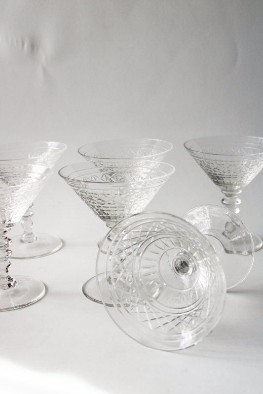 photo of vintage crystal clear cut glass cocktail glasses, crisscross band knobby stems #5