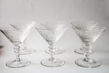 catalog photo of vintage crystal clear cut glass cocktail glasses, crisscross band knobby stems