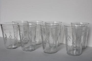 catalog photo of vintage crystal clear depression glass tumblers, panel optic w/ cross hatch etched pattern