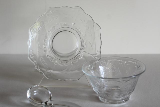 photo of vintage crystal clear elegant cut glass mayo set, mayonnaise bowl, underplate, ladle #1