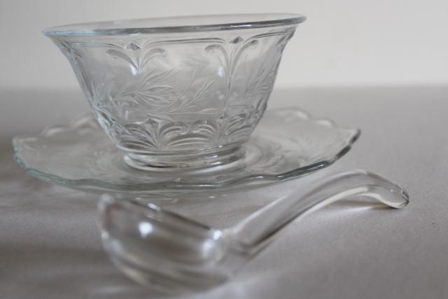 photo of vintage crystal clear elegant cut glass mayo set, mayonnaise bowl, underplate, ladle #5