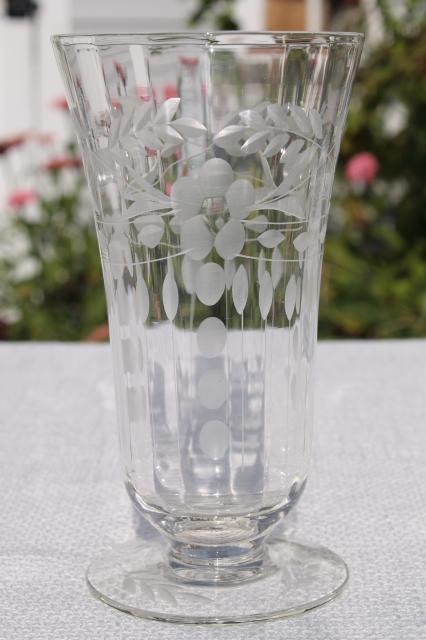 photo of vintage crystal clear etched cut glass footed tumblers, 8 iced tea glasses paneled optic floral #2