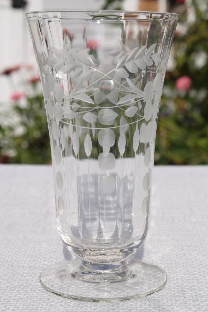 photo of vintage crystal clear etched cut glass footed tumblers, 8 iced tea glasses paneled optic floral #3
