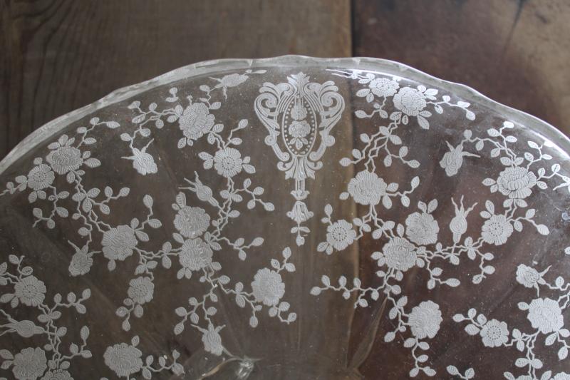 photo of vintage crystal clear etched glass three toed cake plate, Cambridge rose point pattern #2