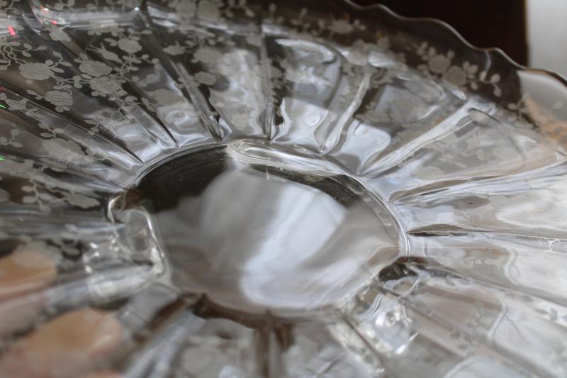 photo of vintage crystal clear etched glass three toed cake plate, Cambridge rose point pattern #3