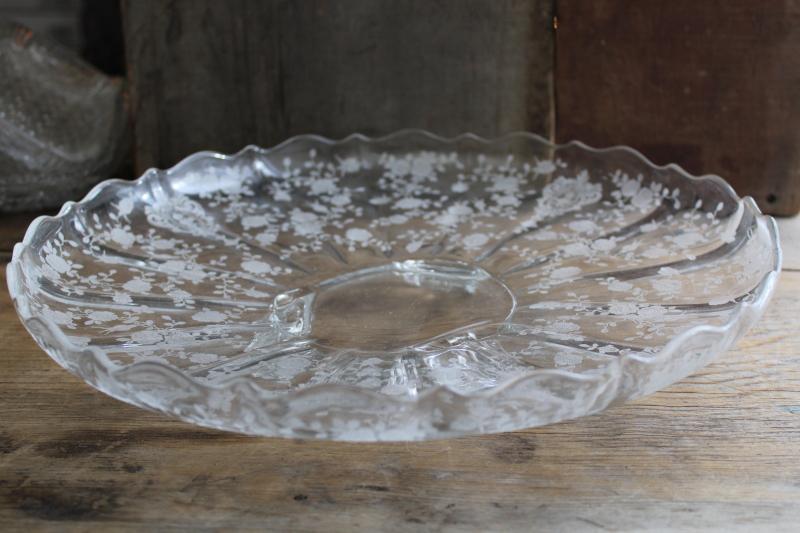photo of vintage crystal clear etched glass three toed cake plate, Cambridge rose point pattern #4