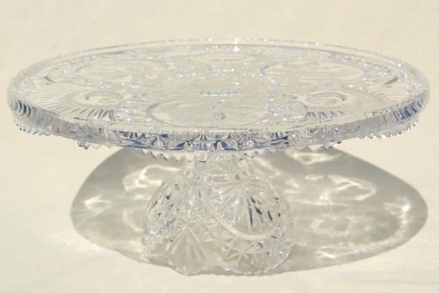 photo of vintage crystal clear glass cake stand, Hofbauer Byrdes cut birds bird pattern #1