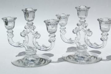 catalog photo of vintage crystal clear glass candelabra, Cambridge double light branched candlesticks