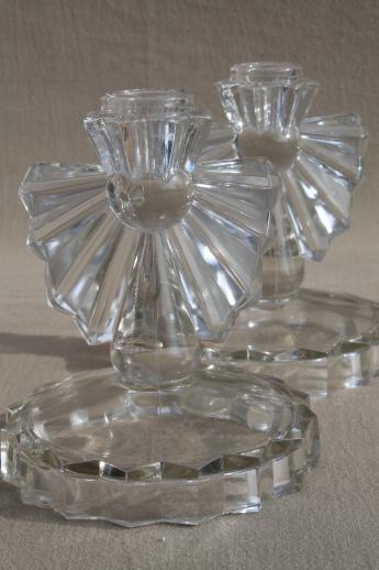 photo of vintage crystal clear glass candle holders, pair of candlesticks w/ deco style fan rays #1