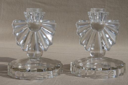 photo of vintage crystal clear glass candle holders, pair of candlesticks w/ deco style fan rays #2