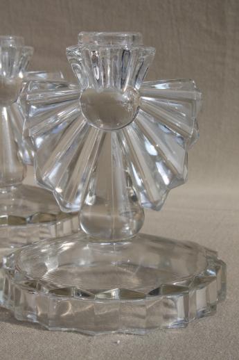 photo of vintage crystal clear glass candle holders, pair of candlesticks w/ deco style fan rays #3