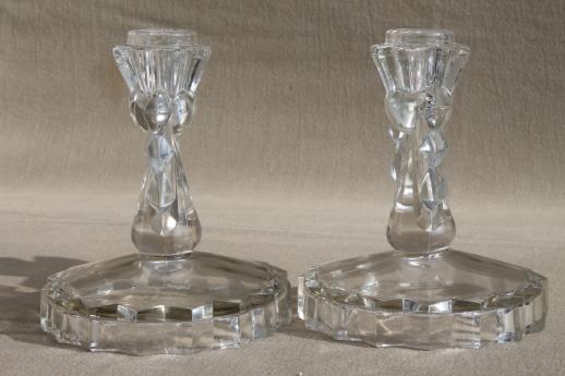 photo of vintage crystal clear glass candle holders, pair of candlesticks w/ deco style fan rays #4