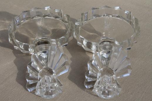 photo of vintage crystal clear glass candle holders, pair of candlesticks w/ deco style fan rays #6