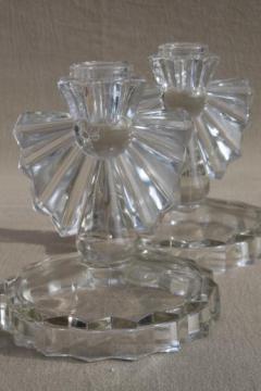 catalog photo of vintage crystal clear glass candle holders, pair of candlesticks w/ deco style fan rays