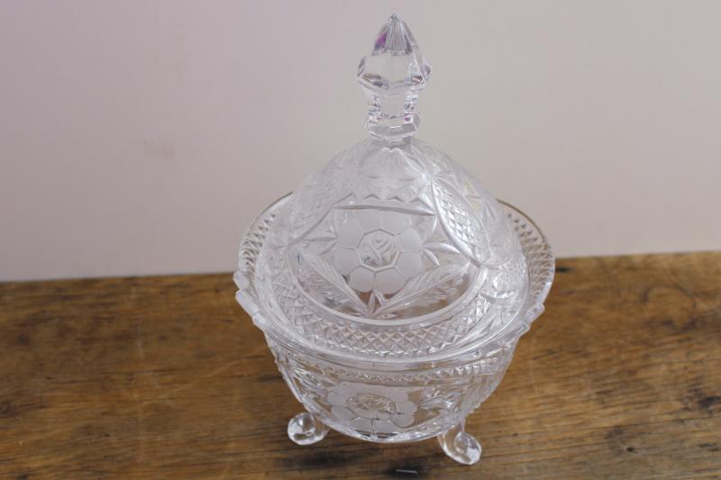 photo of vintage crystal clear glass candy dish, cut flower pattern three toed bowl w/ lid #1