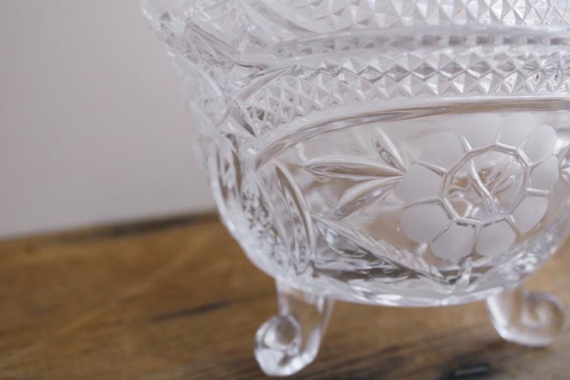 photo of vintage crystal clear glass candy dish, cut flower pattern three toed bowl w/ lid #3