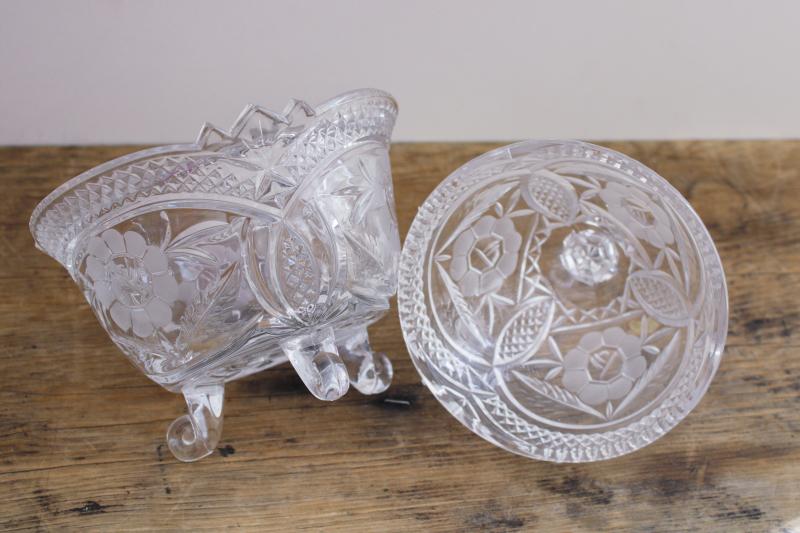 photo of vintage crystal clear glass candy dish, cut flower pattern three toed bowl w/ lid #5