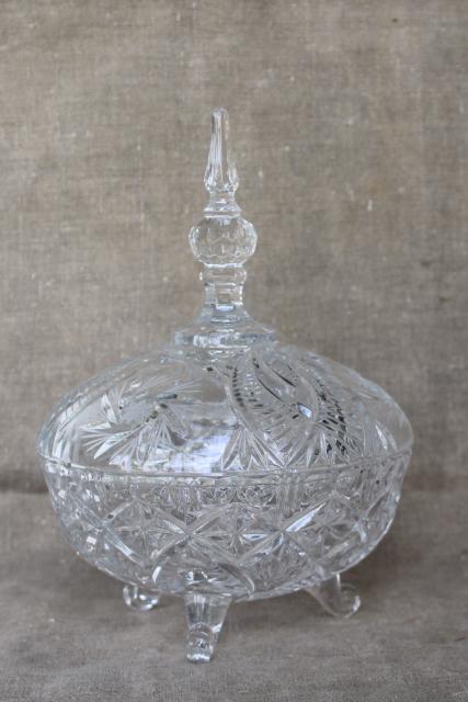 photo of vintage crystal clear glass candy dish, pinwheel pattern three toed bowl w/ lid #1