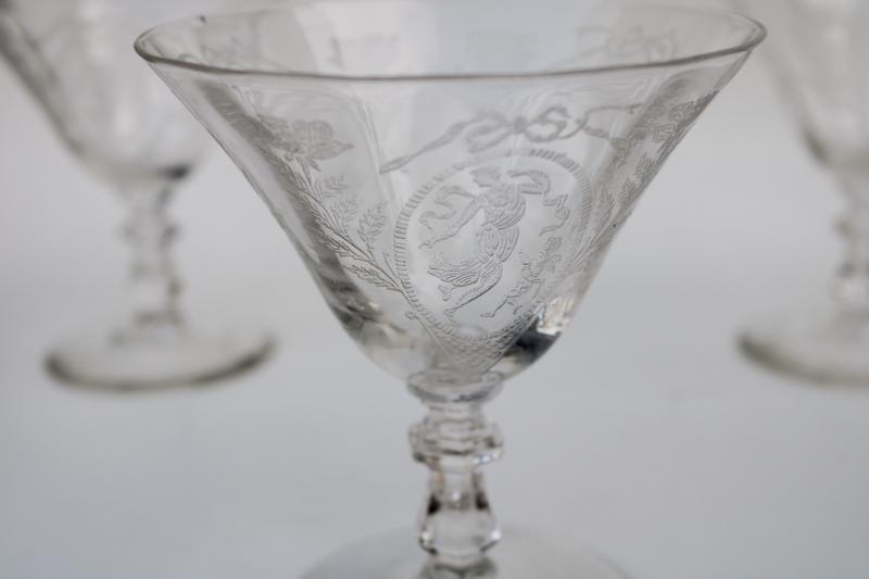 photo of vintage crystal clear glass champagnes, dancing girl, draped nymph lady figure etch #2