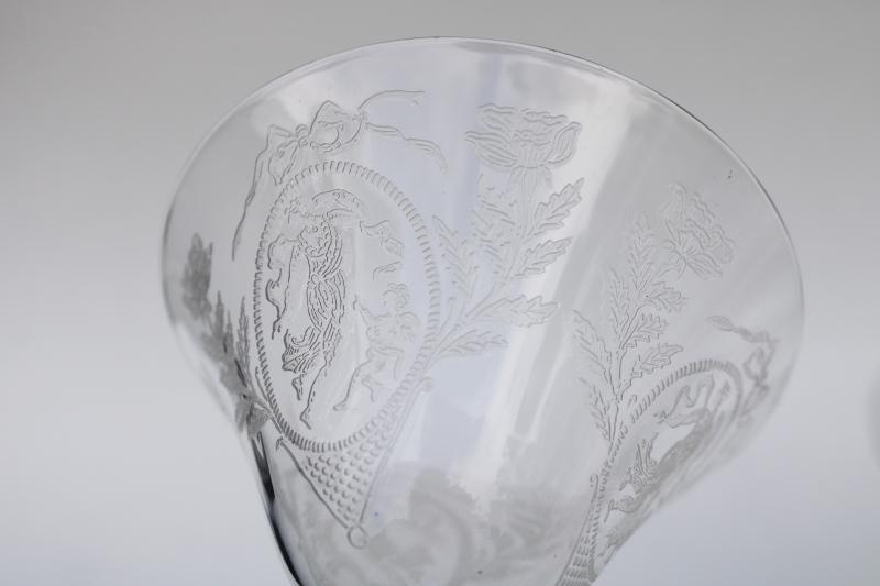 photo of vintage crystal clear glass champagnes, dancing girl, draped nymph lady figure etch #4