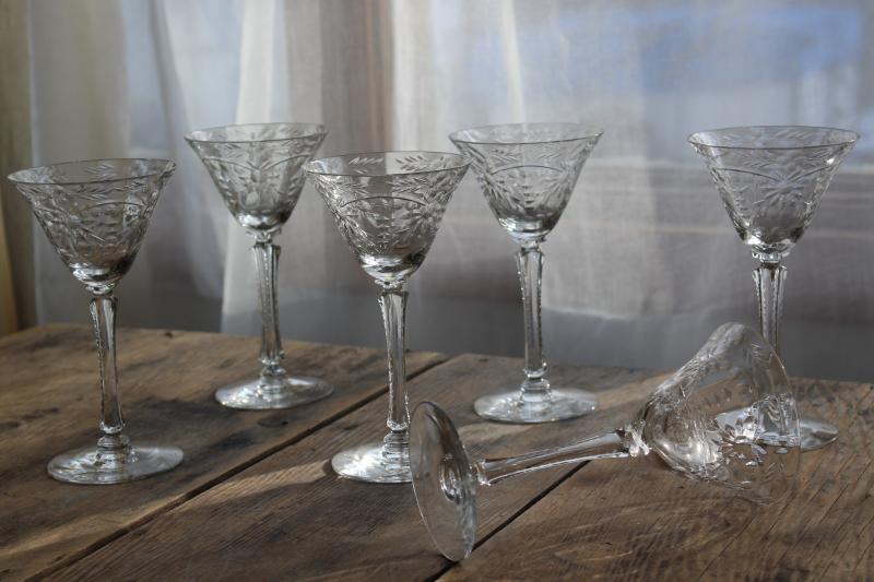 photo of vintage crystal clear glass cocktail glasses, Seneca stemware stem 9936 w/ flower etch #1