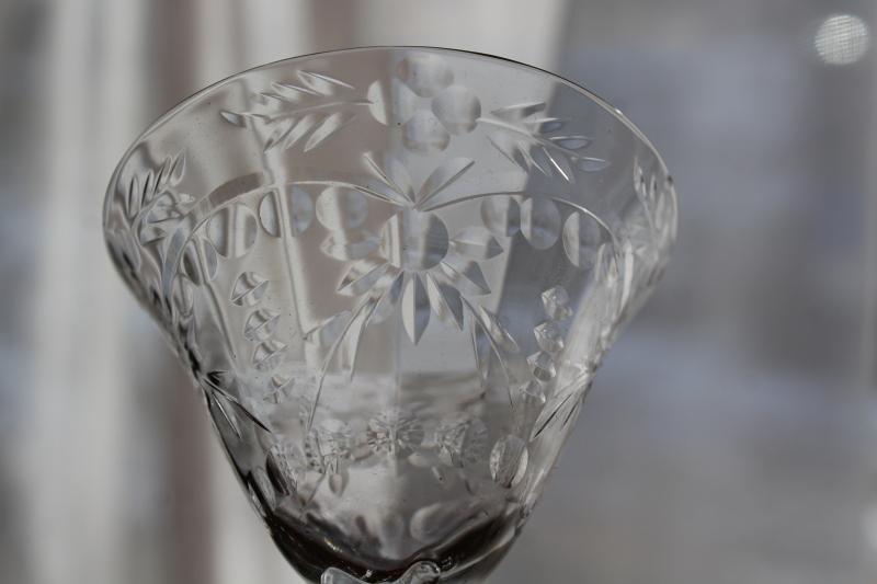 photo of vintage crystal clear glass cocktail glasses, Seneca stemware stem 9936 w/ flower etch #3