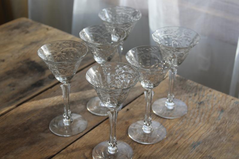 photo of vintage crystal clear glass cocktail glasses, Seneca stemware stem 9936 w/ flower etch #6