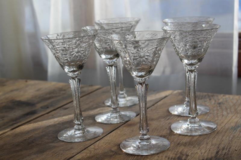 photo of vintage crystal clear glass cocktail glasses, Seneca stemware stem 9936 w/ flower etch #9