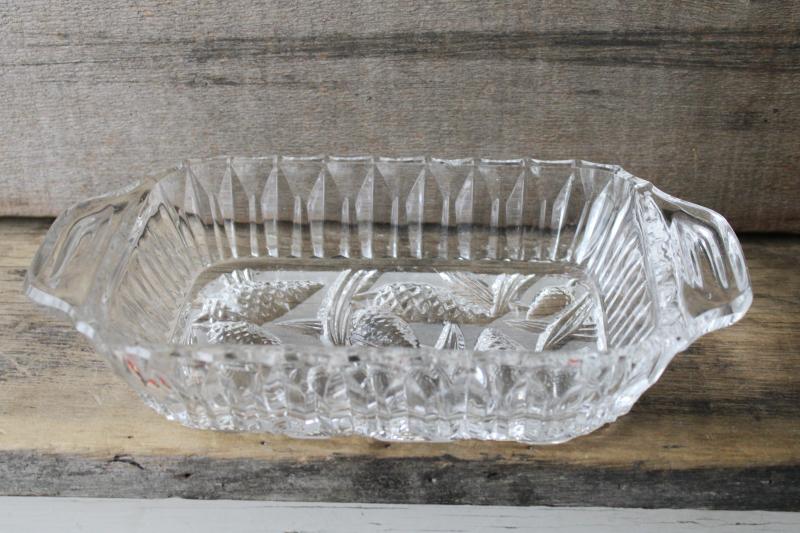 photo of vintage crystal clear glass cranberry dish, pine cone pattern glass tray #2