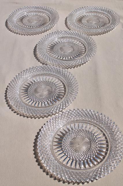 photo of vintage crystal clear glass salad plates w/ diamond point waffle, English hobnail or Miss America #1