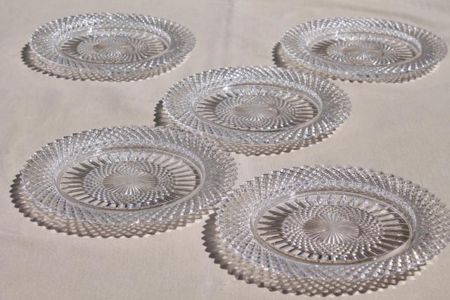 photo of vintage crystal clear glass salad plates w/ diamond point waffle, English hobnail or Miss America #2