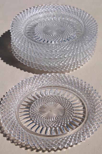 photo of vintage crystal clear glass salad plates w/ diamond point waffle, English hobnail or Miss America #3