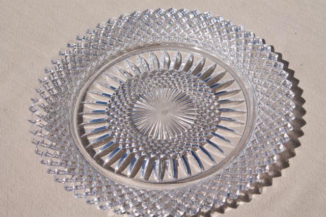 photo of vintage crystal clear glass salad plates w/ diamond point waffle, English hobnail or Miss America #4