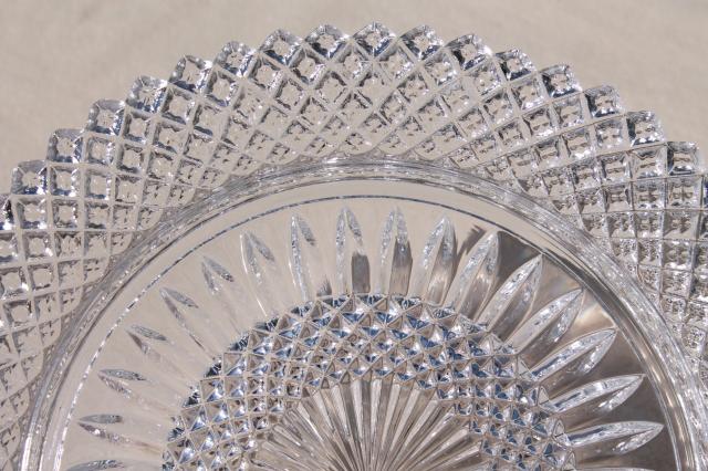 photo of vintage crystal clear glass salad plates w/ diamond point waffle, English hobnail or Miss America #5