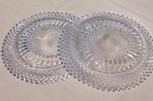 photo of vintage crystal clear glass salad plates w/ diamond point waffle, English hobnail or Miss America #6